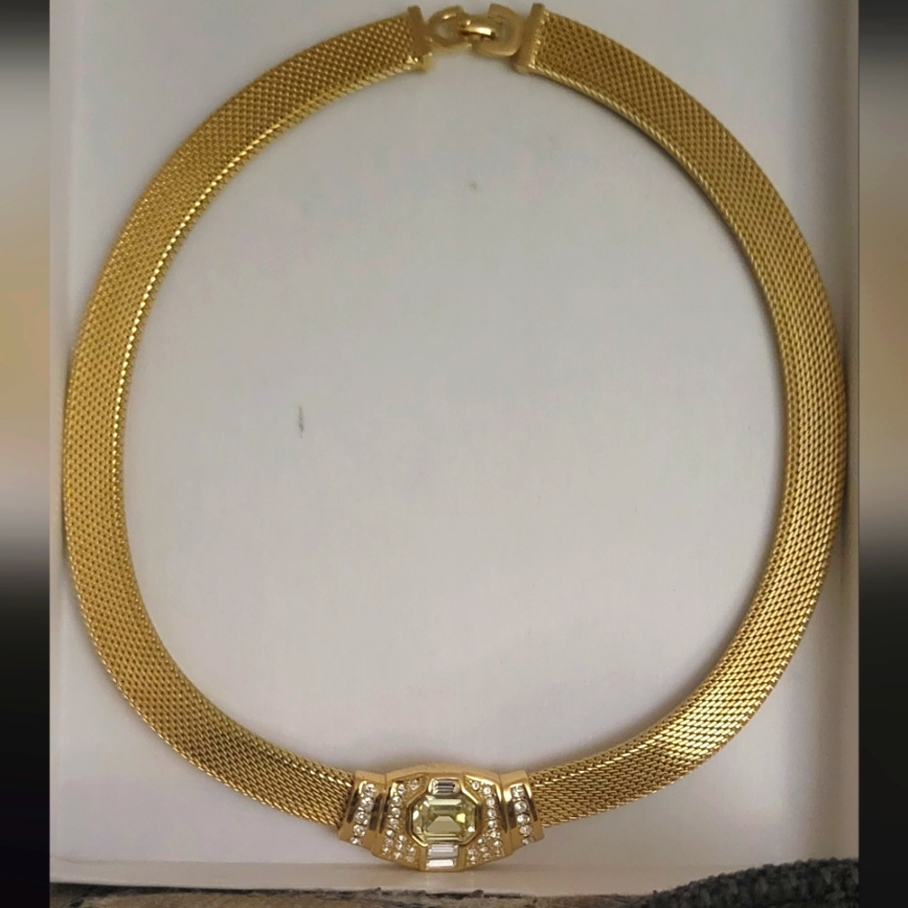 Vtg Christian Dior Statement Yellow Rhinestone Gold Tone Collar Necklace